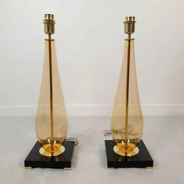 Mid-Century Modern Pair of 1990s Amber, Mid Century Modern Murano Glass Lamps For Sale - Image 3 of 12