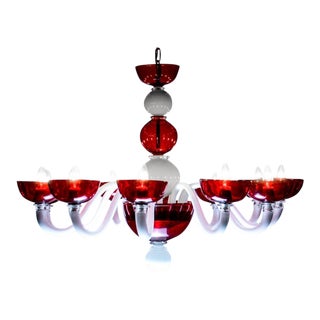Murano Glass 6 Light Contemporary Chandelier in Red and White For Sale
