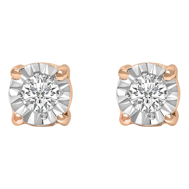10K Rose Gold Plated .925 Sterling Silver 1/10 Cttw Round Brilliant-Cut Lab Grown Diamond Miracle-Set Stud Earrings (F-G Color, VS1-VS2 Clarity) For Sale