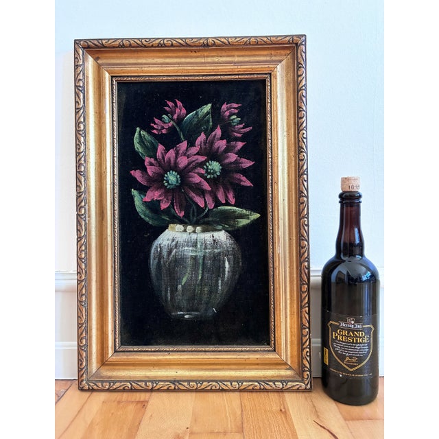 Vintage Original Velvet Flower Oil Painting, Red Flower Still Life Art For Sale - Image 10 of 12