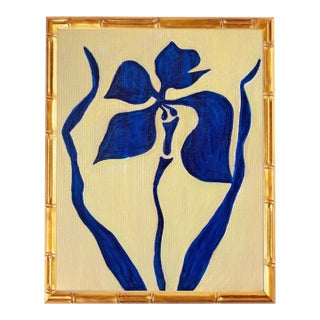 Original Iris Flower Painting in Gold Bamboo Frame, Oil on Canvas, 13" X 16" by Tatiana Duperault For Sale