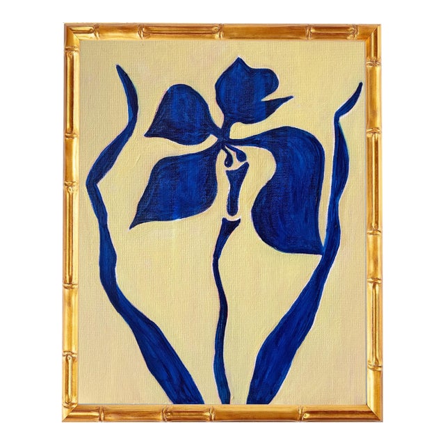 Original Iris Flower Painting in Gold Bamboo Frame, Oil on Canvas, 13" X 16" by Tatiana Duperault For Sale