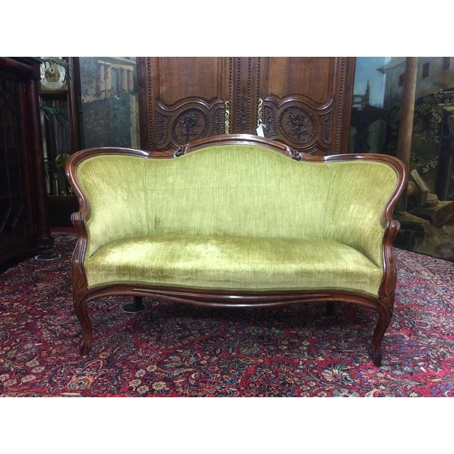 Antique Settee, Apple Green Victorian Settee For Sale - Image 4 of 11