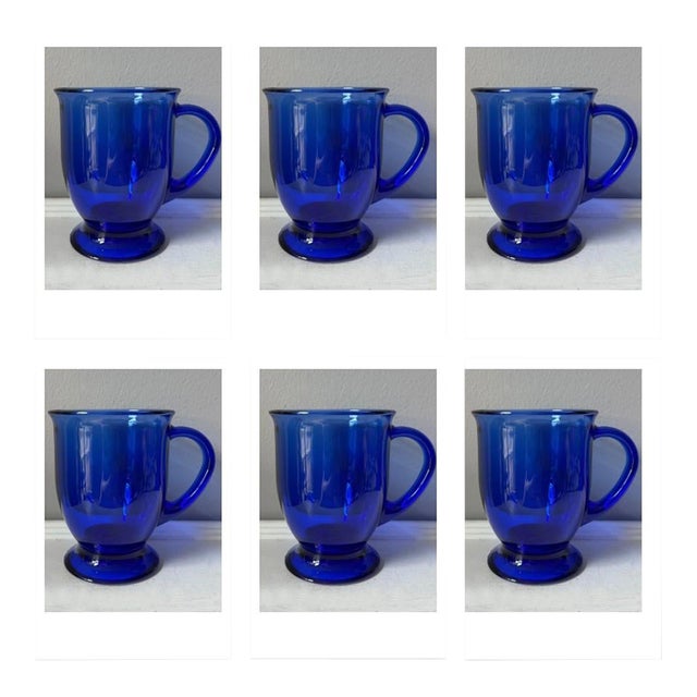 Vintage Anchor Hocking Chinoiserie Cobalt Blue XL Pedestal Coffee Mugs - 16oz - Set of 6 For Sale