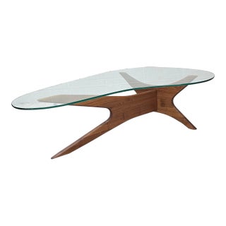 1960s Adrian Pearsall Jacks Kidney Glass & Walnut Coffee Table Vintage Model 1465-T For Sale