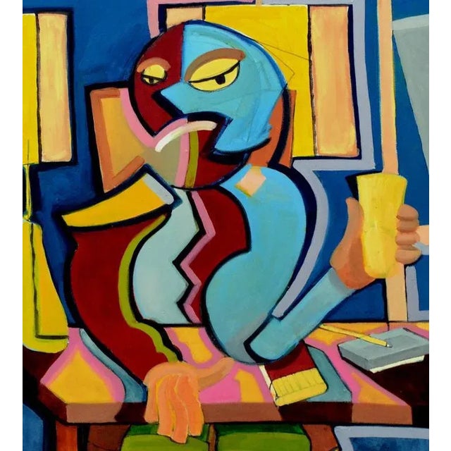 Modernist painting of a very happy person in a colorful environment by San Francisco artist Michael William Eggleston...