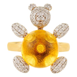 Whimsical Diamond Bear Cocktail Ring With 7.24ct Cabochon Citrine in 18k Gold Size 4 For Sale