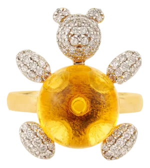 Whimsical Diamond Bear Cocktail Ring With 7.24ct Cabochon Citrine in 18k Gold Size 4