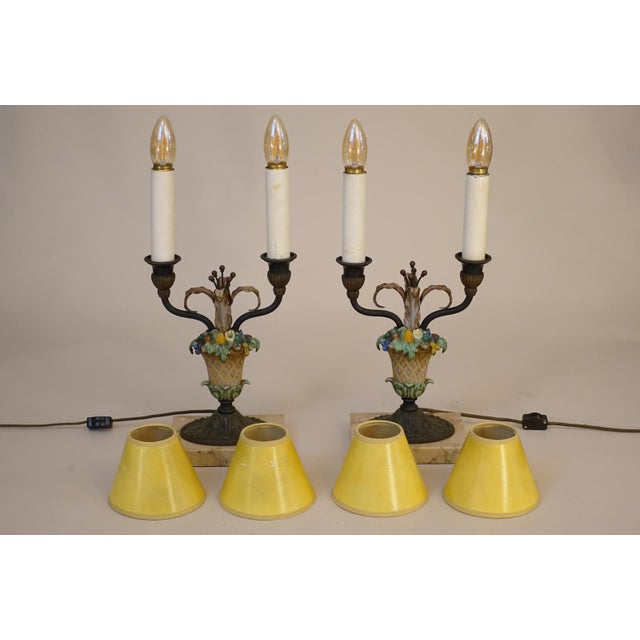 1920s Matched Pair Neoclassic French Empire Regency Tole Bronze Marble Candelabra Table Lamps For Sale - Image 11 of 12