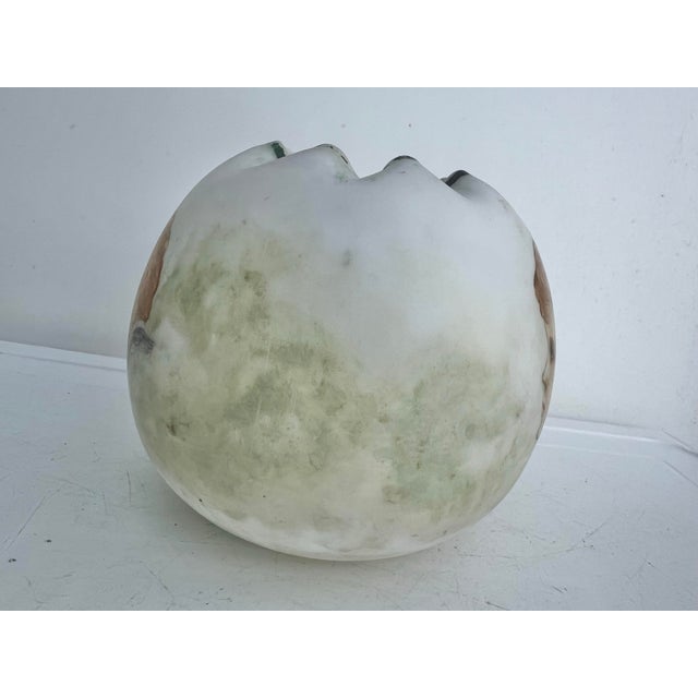 Antique round shaped glass rose bowl . Victorian Cherub Pattern on both sides. White Cased Satin Glass hand-painted...