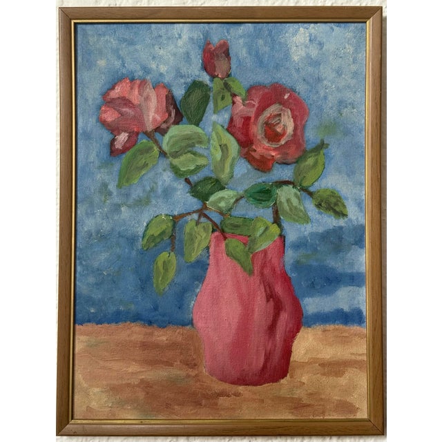 Wood Midcentury Folk Art Still Life With Roses in Vase For Sale - Image 7 of 7