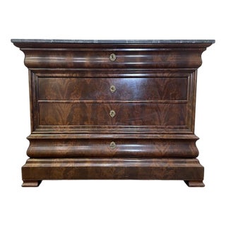 Louis Philippe Period Chest of Drawers in Mahogany and Mahogany Veneer with Grey Veined Marble For Sale