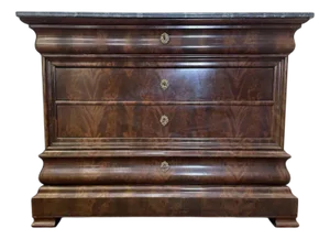Louis Philippe Period Chest of Drawers in Mahogany and Mahogany Veneer with Grey Veined Marble
