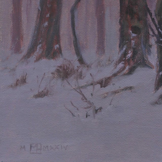 Early 21st Century Home Sweet Home by Mark Harrison | Oil on Canvas Winter scene with a cabin in a snowy forest. For Sale - Image 5 of 5