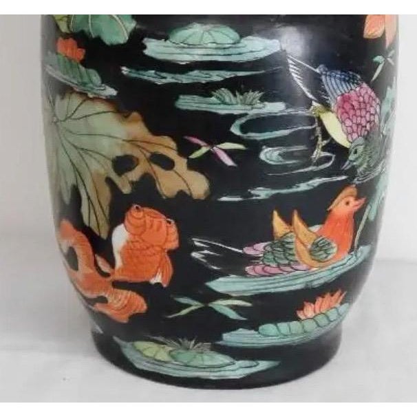Vintage Mid-Century Chinese Famille Noire Baluster Vase Hand Painted Lotus and Koi Fish 14 Inch For Sale - Image 10 of 13