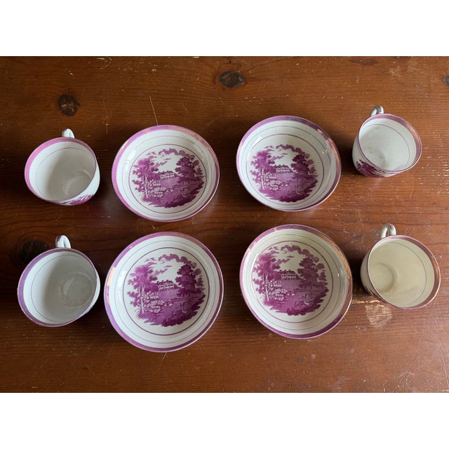 1805 Rare Antique Set of Four Pink Lustre and Bat Printed Pearlware Handled Cups and Saucers, Attributed to Thomas Wolfe - Set of 8 For Sale - Image 6 of 17