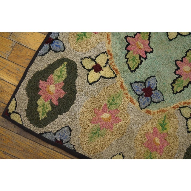 1930s Wonderful Tan Beige Color With Flowery and Oval Patters Desing Antique American Hooked Rug For Sale - Image 5 of 6