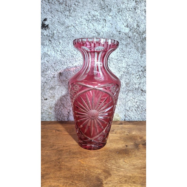 Glass Large Bohemian Belle Époque Wheel-Cut Red Overlay Crystal Vase, 1890s For Sale - Image 7 of 7