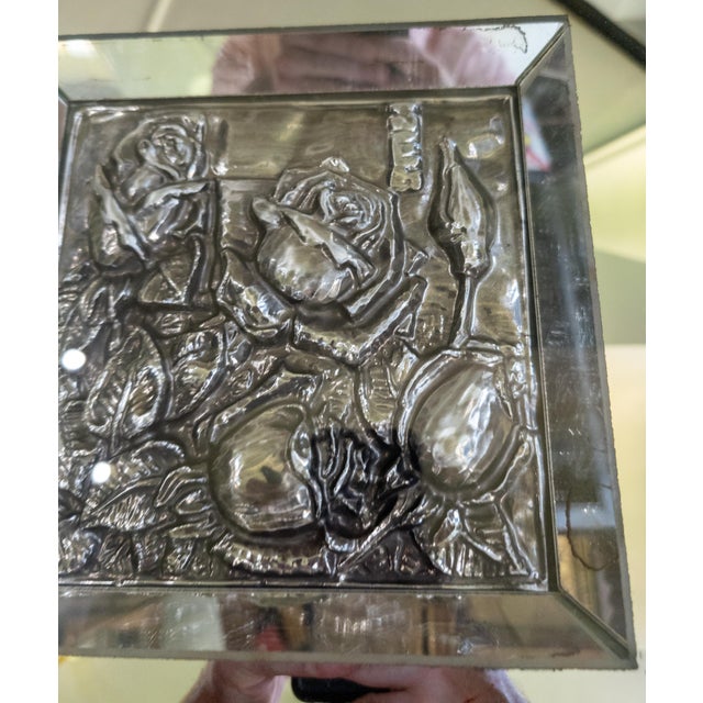 Mid-Century Mirror Shadowbox Frame With Repousse Silver Floral Art For Sale - Image 9 of 13
