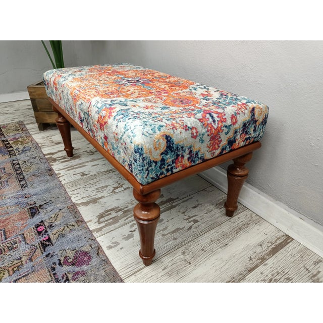 Floral Rug Printed Fabric Upholstered Boho Style Vanity Bench For Sale In Raleigh - Image 6 of 9