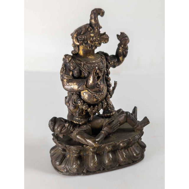 17th or 18th Century Chinese Sino-Tibetan Gilt Bronze Buddhist Makala Faced Deity Figure For Sale - Image 4 of 18
