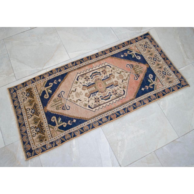 1970s Front of Kitchen Sink Rug, Hand Made Bath Mat Muted Colors Small Rug -1′8″ × 3′8″ For Sale - Image 12 of 13