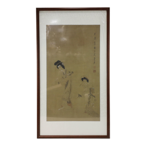 Vintage Framed Chinese Silk Painting of Court Ladies With Butterfly and Flowers