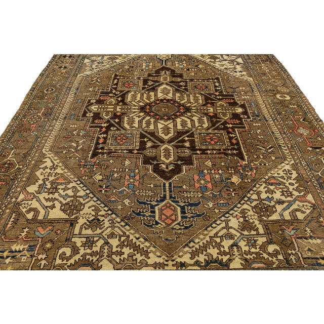 19th Century Antique Serapi Heriz Rug With Geometric Medallion in Camel For Sale - Image 10 of 12