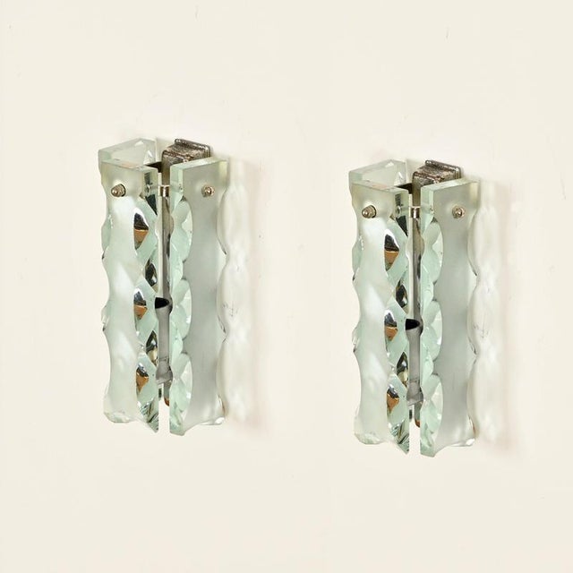 Hand-Chiseled Glass and Chrome Sconces attributed to Cristal Art, Italy, 1970s, Set of 2 For Sale - Image 9 of 11