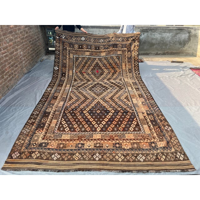 Antique Afghan Hand-Woven Kilim Rug | Tribal Ghelmori Flatweave Wool Carpet in Earthy Brown, For Sale - Image 9 of 12