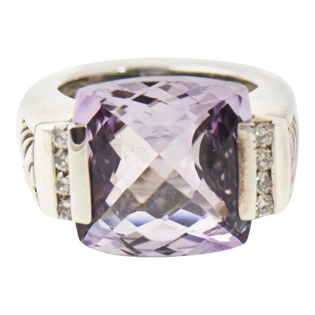 Yurman Amethyst Diamond Sterling Silver Deco Cable Cocktail Ring size 5.5 For Sale