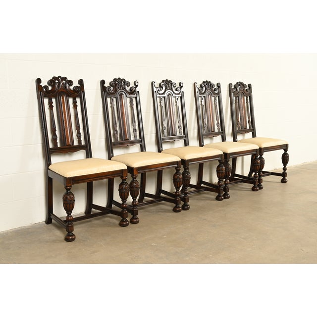 Berkey & Gay Antique English Jacobean Carved Walnut Dining Chairs, Set of Five For Sale - Image 13 of 13