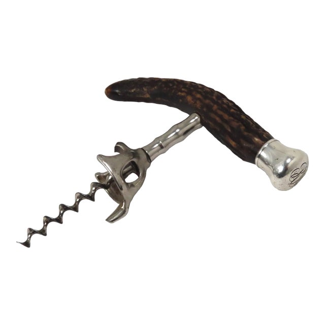 Antique John Hasselbring New York Sterling Silver & Antler Wine Corkscrew & Bottle Opener For Sale