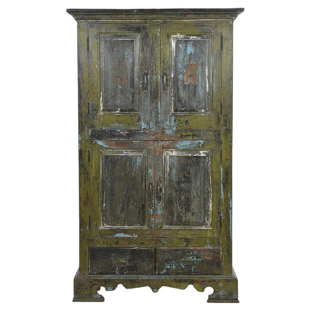 Wooden Cabinet with Green and Blue Patina For Sale