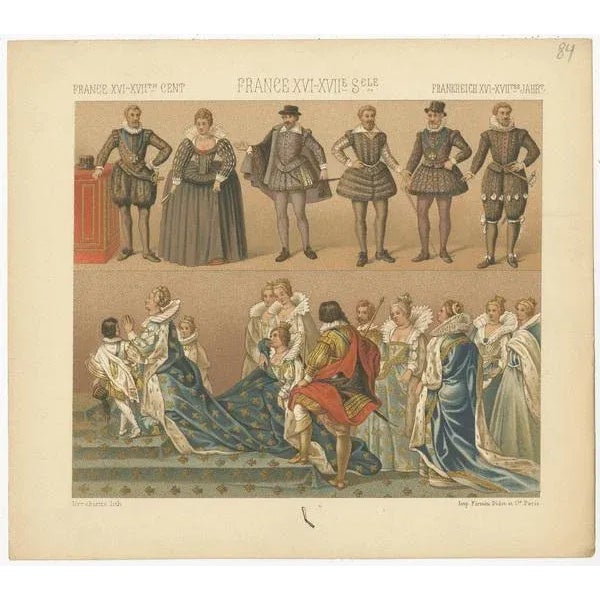 Antique print titled 'France XVI, XVIIth Cent - France XVIe, XVIIe Siecle - Frankreich XVI, XVItes Jahr'. Chromolithograph...