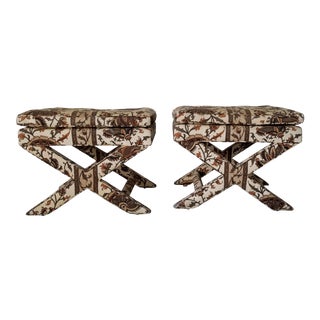 Billy Baldwin Style " X " Base Upholstered Ottomans - a Pair For Sale