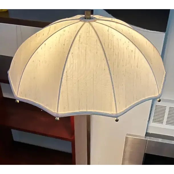 Gilbert Rohde for Mutual Sunset lamp Company, unlacquered brass umbrella floor lamp with silk shade, all original, 1930s....