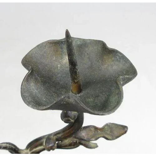 1900 - 1909 Meiji Early 20th Century Japanese Shokudai Bronze Candlestick Antique Metal Crane Bird Tortoise Animal Lotus For Sale - Image 5 of 12