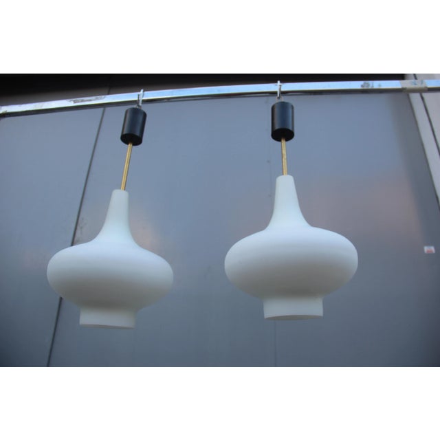 Mid-Century Modern Mid-Century Italian Glass & Brass Pendants from Stilnovo, 1950s, Set of 2 For Sale - Image 3 of 11