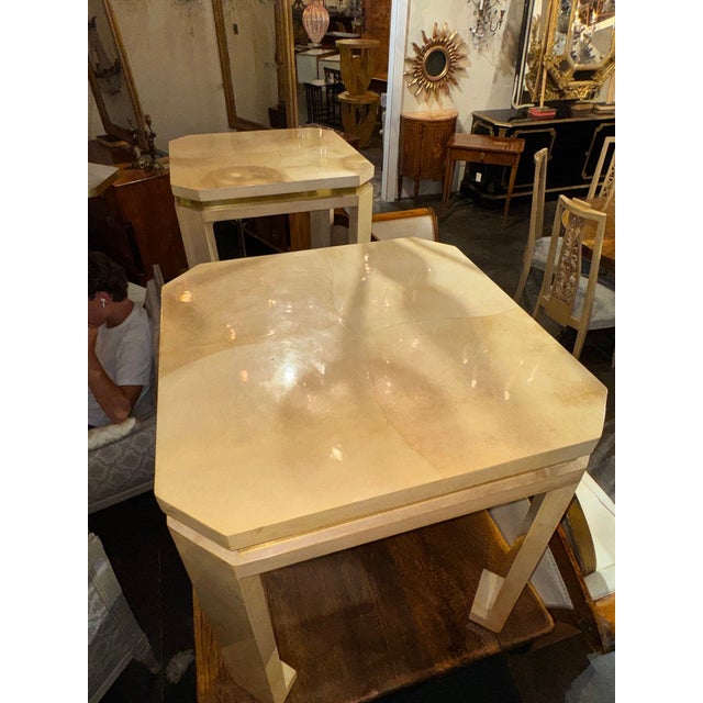 Pair of Italian MCM Parchment and Brass Side Tables For Sale In Dallas - Image 6 of 8