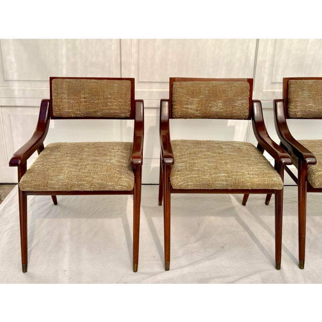Mid-Century Modern Set of 4 Mid-Century Modern Upholstered Wood Dining Arm Chairs For Sale - Image 3 of 12