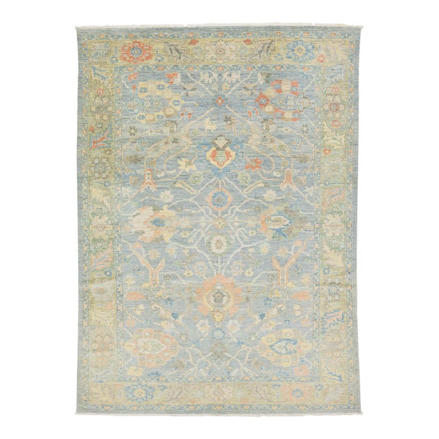 Modern Sultanabad Hand-Knotted Wool Area Rug – Serene Slate Blue & Terracotta For Sale