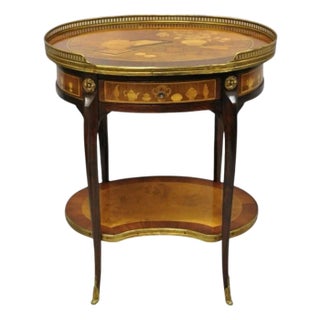 Vintage French Louis XV Style Marquetry Inlay Bronze Ormolu Oval Side Table For Sale