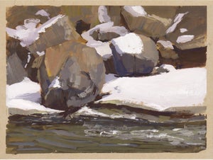 017 - Plein Air-Coal Creek Canyon, CO, 3/12/22 by Judd Mercer | Gouache Painting of rocks and water