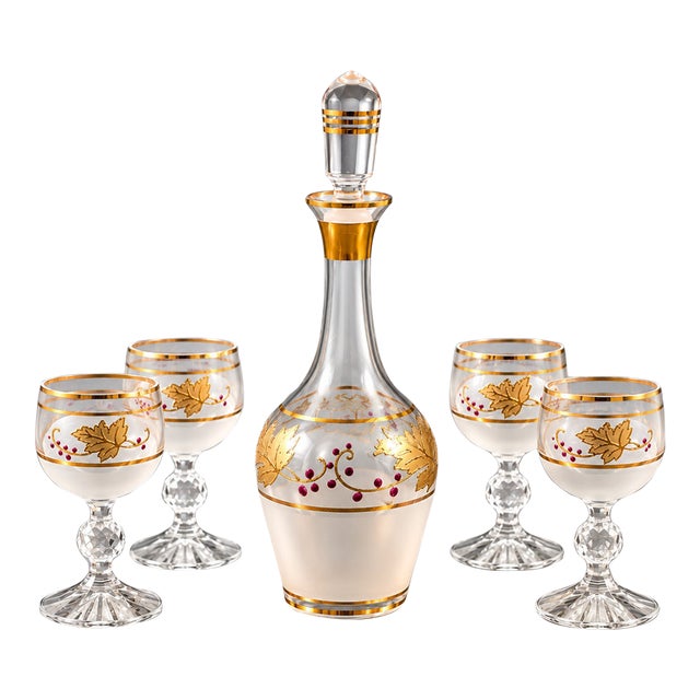 Vintage Bohemian-Style Frosted Glass Decanter & 4 Cordial Glasses — Gilt Grape Leaves & Purple Berries 5 pcs For Sale