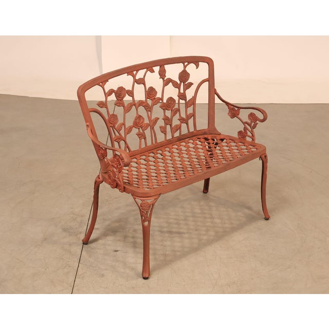 High Quality Vintage Cast Aluminum Garden Bench Featuring An Ornate Back With Raised Rose And Floral Motifs. The Bench...