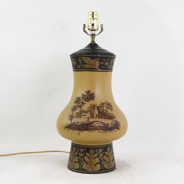Vintage Hand Painted Table Lamp Mustard Yellow Country Landscape With Bridge and Foliage Motif For Sale In New York - Image 6 of 12