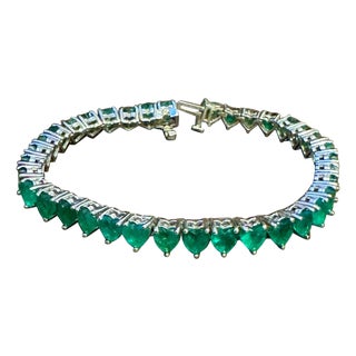 30 Ct Natural Heart Shape Emerald Cocktail Tennis Bracelet 14 Kt White Gold 7" For Sale