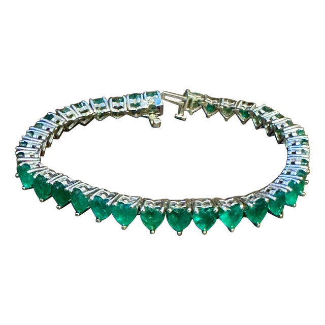 30 Ct Natural Heart Shape Emerald Cocktail Tennis Bracelet 14 Kt White Gold 7" For Sale