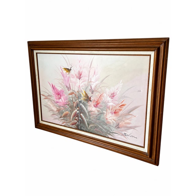Shabby Chic Vintage Signed Pastel Floral & Butterfly Oil Painting in Wood Frame For Sale - Image 3 of 13